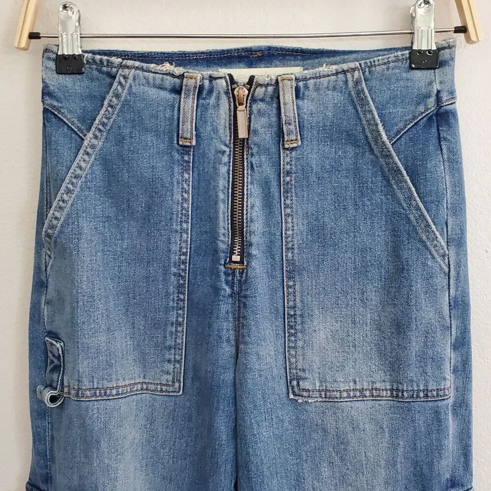 Jonathan Simkhai Payton Denim Cargo Jeans Mid Rise Straight Leg Zipper‎ Hem